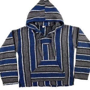 Molina Woven Baja Hoodie Made in Mexico Men's Large Blue Gray Striped Pocket‎
